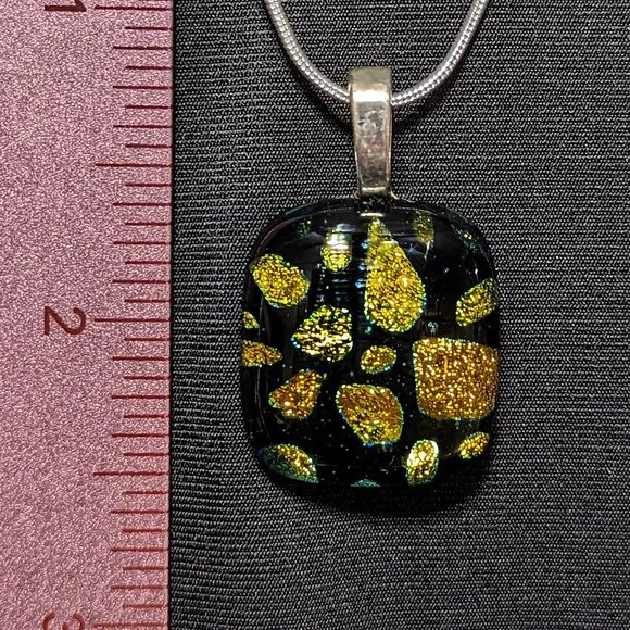 Wow Signed Spotted Yellow, Green & Gold Dichroic Glass Pendant w/Sterling Chain - Picture 2 of 6